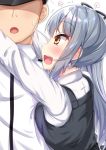  1boy 1girl admiral_(kantai_collection) blush breast_press breasts eyebrows_visible_through_hair faceless faceless_male grey_hair hat heart highres hug kantai_collection kasumi_(kantai_collection) long_hair niku114514810 open_mouth personality_switch ponytail shaded_face shiny shiny_hair shiny_skin shirt side_ponytail small_breasts sweat tied_hair uniform yellow_eyes 