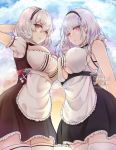  1girl absurdres apron azur_lane bangs bare_shoulders black_hairband blue_sky blush breasts cleavage dido_(azur_lane) dress earrings eyebrows_visible_through_hair frills hair_between_eyes hairband highres jewelry lace-trimmed_hairband large_breasts looking_at_viewer maid pink_eyes purple_eyes red_eyes short_hair short_sleeves sirius_(azur_lane) sky sleeveless solo thighhighs tini underboob waist_apron white_apron white_hair white_legwear 