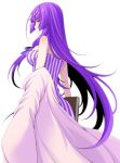  1girl bare_shoulders book breasts dress eichi_yuu highres holding holding_book long_hair medium_breasts patchouli_knowledge profile purple_eyes purple_hair simple_background solo standing strapless strapless_dress striped striped_dress touhou very_long_hair white_background 