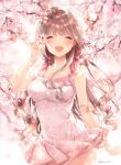  1girl :d ^_^ bare_arms bare_shoulders blurry blurry_background blush brown_hair cherry_blossom_print cherry_blossoms closed_eyes collarbone commentary_request depth_of_field dress facing_viewer floral_print flower hair_flower hair_ornament hand_up highres long_hair open_mouth original petals pink_dress print_dress sleeveless sleeveless_dress smile solo taya_5323203 tree_branch twitter_username 