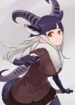  1girl :3 absurdres animal_ears black_hair brown_eyes closed_mouth cowboy_shot don3 dual_wielding elbow_gloves extra_ears fur_collar gloves grey_hair hand_up highres himalayan_tahr_(kemono_friends) holding holding_weapon horizontal_pupils horns jacket kemono_friends knife long_hair microskirt multicolored_hair short_sleeves skirt smile solo tail thighhighs two-tone_hair weapon zettai_ryouiki 