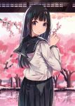  1girl absurdres bangs black_hair black_sailor_collar black_skirt blurry blurry_background blush branch chitanda_eru closed_mouth commentary_request depth_of_field eyebrows_visible_through_hair flower hand_up highres holding holding_branch hyouka long_hair long_sleeves norazura pink_flower pleated_skirt purple_eyes rain ripples sailor_collar school_uniform serafuku shirt skirt smile solo tree very_long_hair water white_shirt 