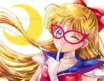  1girl ;q aino_minako bishoujo_senshi_sailor_moon blonde_hair blue_eyes blue_sailor_collar bow choker collarbone crescent crescent_choker english_text facial_mark finger_to_mouth forehead_mark gloves hair_bow hoshikuzu_(milkyway792) long_hair looking_at_viewer magical_girl mask one_eye_closed red_bow repost_notice sailor_collar sailor_senshi_uniform sailor_v shoulder_pads simple_background solo tongue tongue_out upper_body white_background white_gloves white_neckwear 