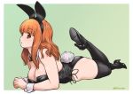  1girl alternate_costume animal_ears ass bangs bare_shoulders black_legwear black_leotard blunt_bangs blush bow bowtie breasts brown_eyes bunny_ears bunny_tail bunnysuit cleavage detached_collar fake_animal_ears girls_und_panzer high_heels kouda_tomohiro large_breasts leg_up leotard long_hair looking_at_viewer lying on_stomach orange_hair parted_lips shiny shiny_hair solo tail takebe_saori thighhighs twitter_username wrist_cuffs 