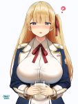  1girl ? azur_lane bangs blonde_hair blue_eyes blue_jacket blush breasts collared_shirt cup double-breasted dress_shirt eyebrows_visible_through_hair hair_ribbon highres holding holding_cup jacket large_breasts military military_uniform milk neck_ribbon oekakizuki open_mouth red_ribbon ribbon shirt sussex_(azur_lane) uniform white_shirt 
