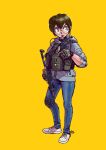  1girl badge bandaid brown_hair commentary_request denim earpiece glasses gloves gun highres holding holding_gun holding_weapon hood hoodie jeans load_bearing_vest original pants partial_commentary round_eyewear short_hair simple_background single_knee_pad solo submachine_gun watch weapon wristwatch yellow_background yellow_eyes yoh_(yoh_ill) 