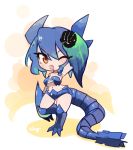  1girl blue_hair brachydios ceroblitz commission dragon_girl dragon_horns dragon_tail highres horns midriff monster_hunter navel personification tail yellow_eyes 