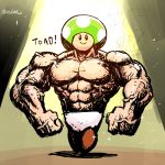  1boy abs blush_stickers clenched_hands hat looking_at_viewer male_focus muscle panties rariatto_(ganguri) realistic solo standing super_smash_bros. toad topless twitter_username underwear veins white_panties 