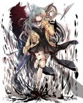  1girl animal_ears arknights blue_eyes boots cardigan cat_ears dress green_hair heterochromia highres holding holding_weapon leg_up long_hair nga_(artist) nightmare_(arknights) sailor_dress solo thigh_boots thighhighs weapon yellow_eyes 