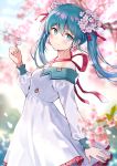  1girl aqua_eyes aqua_hair bangs bare_shoulders blue_sky blurry blurry_background blurry_foreground blush breasts buttons cherry_blossoms commentary_request day dress earrings eyebrows_visible_through_hair falling_petals flower flower_earrings frilled_dress frills green_nails hair_between_eyes hair_flower hair_ornament hair_ribbon hatsune_miku highres holding holding_flower jewelry long_hair long_sleeves looking_at_viewer medium_breasts nishizawa off-shoulder_dress off_shoulder outdoors profile red_ribbon ribbon sidelocks sky smile solo spring_(season) standing tree twintails upper_body vocaloid white_dress 