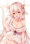  1girl :d animal_ears bangs bare_shoulders bell bell_choker black_bow blush bow breasts cat_ears cat_girl cat_tail choker cleavage collarbone dress eyebrows_visible_through_hair fang frilled_dress frills hair_between_eyes hair_ribbon hand_up jingle_bell long_hair medium_breasts off-shoulder_dress off_shoulder omuretsu open_mouth original puffy_short_sleeves puffy_sleeves red_eyes ribbon short_sleeves silver_hair smile solo tail tail_raised thighhighs very_long_hair white_choker white_legwear white_ribbon 