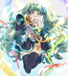  1girl :d amane_tari bangs bare_shoulders black_legwear black_skirt black_sleeves blush breasts collared_shirt commentary_request detached_sleeves eyebrows_visible_through_hair full_body green_eyes green_hair grey_shirt hair_ornament hand_up hatsune_miku highres long_hair long_sleeves looking_at_viewer megaphone open_mouth pleated_skirt ribbon shirt skirt sleeveless sleeveless_shirt small_breasts smile solo thighhighs twintails upper_teeth very_long_hair vocaloid yellow_ribbon 