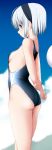  1girl absurdres ass bangs bare_arms bare_legs bare_shoulders black_hairband black_swimsuit blue_sky blush breasts cloud commentary_request cowboy_shot day eyebrows_visible_through_hair from_side green_eyes hairband highres hitodama holding_own_arm konpaku_youmu konpaku_youmu_(ghost) looking_at_viewer nori_tamago one-piece_swimsuit outdoors profile short_hair sideboob sideways_glance silver_hair sky small_breasts solo standing swimsuit thighs touhou 