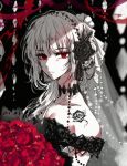  1girl bangs bouquet breasts expressionless flower highres long_hair looking_at_viewer nga_(artist) original red_eyes simple_background solo veil very_long_hair 