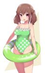  1girl :d alice_gear_aegis bangs bare_arms bare_shoulders blush breasts brown_background brown_hair collarbone commentary_request eyebrows_visible_through_hair fang frilled_swimsuit frills green_swimsuit groin hair_between_eyes highleg highleg_swimsuit innertube kimikage_yui looking_at_viewer medium_breasts open_mouth purple_eyes smile solo stroma swimsuit twintails two-tone_background white_background 