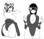  1girl ass bare_back blush breasts cameltoe cropped_legs eyebrows_visible_through_hair from_behind greyscale iroha_(samurai_spirits) large_breasts leotard looking_at_viewer maid_headdress monochrome multiple_views no_nose parted_lips samurai_spirits sash short_hair simple_background sumiyao_(amam) topless white_background 