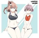  2girls ahoge alternate_costume anchor anchor_symbol bangs bikini breasts brown_hair character_name cleavage clothes_writing eyebrows_visible_through_hair hair_between_eyes hair_ornament hands_on_lap kantai_collection large_breasts long_hair multiple_girls open_mouth ponytail purple_hair sakawa_(kantai_collection) saratoga_(kantai_collection) short_hair side_ponytail sidelocks sitting smile smokestack smokestack_hair_ornament souji sports_bikini star swimsuit 
