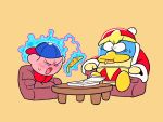  backwards_hat baseball_cap ben-day_dots blue_headwear chair closed_eyes coat commentary copy_ability food hat highres king_dedede kirby kirby_(series) meme pizza pizza_box rariatto_(ganguri) red_coat red_headwear screentones sitting sweat table telekinesis 