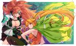  2girls alternate_color amputee baiken big_hair breasts cherry_blossoms cleavage commission crossover eyepatch facial_tattoo grin guilty_gear guilty_gear_xrd hair_ribbon hand_on_hilt highres jacket_on_shoulders japanese_clothes kataginu katana kenshin187 kimono large_breasts long_hair multicolored multicolored_clothes multicolored_kimono multiple_girls no_bra one-eyed ootachi open_clothes open_kimono orange_eyes orange_hair petals pink_hair player_2 ponytail red_eyes ribbon scar scar_across_eye sheath sideboob sleeveless smile sword tattoo under_night_in-birth unsheathing very_long_hair weapon yuzuriha_(under_night_in-birth) 