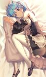  1girl absurdres bangs bare_shoulders blue_eyes blue_hair blush breasts commentary_request detached_sleeves dress frills hair_ornament hair_over_one_eye hair_ribbon hfmt7223 highres looking_at_viewer maid maid_headdress medium_breasts pantyhose pink_ribbon re:zero_kara_hajimeru_isekai_seikatsu rem_(re:zero) ribbon short_hair solo white_legwear x_hair_ornament 