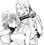  2girls byleth_(fire_emblem) byleth_(fire_emblem)_(female) drying drying_hair edelgard_von_hresvelg eyebrows_visible_through_hair fire_emblem fire_emblem:_three_houses hair_dryer hair_ribbon kotneciii long_hair messy_hair monochrome multiple_girls ribbon simple_background vest white_background 