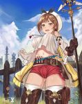 1girl absurdres atelier_(series) atelier_ryza belt blue_belt blue_sky breasts brown_belt brown_eyes brown_gloves brown_hair cloud covered_nipples fence flask gloves grass highres jacket jewelry lan_xiezi large_breasts leather leather_belt leather_gloves midriff navel necklace open_mouth red_shorts reisalin_stout round-bottom_flask short_hair short_shorts shorts single_glove sky sleeveless sleeveless_jacket staff star star_necklace thick_thighs thigh_pouch thighs vial white_headwear wooden_fence yellow_jacket 