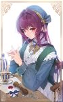  1girl alternate_costume breasts chair cup damda fate/grand_order fate_(series) hair_intakes hat letter lolita_fashion long_hair long_sleeves looking_at_viewer paper puffy_long_sleeves puffy_sleeves purple_hair red_eyes ribbon scathach_(fate)_(all) scathach_(fate/grand_order) scissors seal skirt solo stamp table teacup 
