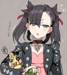  1girl asymmetrical_bangs asymmetrical_hair bangs black_choker black_hair black_jacket char choker commentary dress dusk_ball eyebrows_visible_through_hair frown gen_8_pokemon glaring grey_background hair_ribbon half-closed_eyes holding holding_poke_ball holding_pokemon jacket jewelry long_sleeves looking_at_viewer mary_(pokemon) medium_hair morpeko open_clothes open_jacket open_mouth outline pendant pink_dress poke_ball pokemon pokemon_(creature) pokemon_(game) pokemon_swsh red_ribbon ribbon solo translation_request trembling twintails undercut upper_body white_outline 