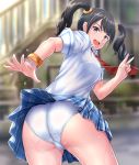  ass blue_skirt ling_xiaoyu necktie panties pantyshot school_uniform shirt skirt tekken underwear v wet wet_clothes white_shirt zanntetu 