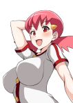  1girl akane_(pokemon) arm_behind_head bangs blush breasts dutch_angle gym_leader large_breasts looking_at_viewer pink_hair pokemon red_eyes simple_background smile solo tawashi1623 twintails upper_body white_background 
