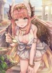  1girl armlet bangle blurry_foreground blush bracelet breasts brown_hair circe_(fate/grand_order) cleavage column commentary commentary_request eyebrows_visible_through_hair fate/grand_order fate_(series) feathered_wings food fruit grapes head_wings headband highres jewelry long_hair medium_breasts miniskirt multicolored multicolored_eyes nail_polish navel necklace pillar pointy_ears skirt spoon tearing_up thigh_strap torino_akua wings 