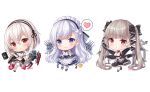  3girls apron azur_lane bangs bare_shoulders belfast_(azur_lane) between_breasts bird black_dress black_footwear black_hairband black_skirt blue_dress blush braid breasts broken broken_chain chain chibi chick cleavage collar dress drum_(container) earrings formidable_(azur_lane) french_braid frilled_dress frilled_gloves frills gloves grey_hair hair_between_eyes hair_ribbon hairband heart highres hitsukuya jewelry lace-trimmed_hairband long_hair looking_at_viewer maid maid_headdress manjuu_(azur_lane) multiple_girls open_mouth red_eyes ribbon rigging short_hair silver_hair simple_background sirius_(azur_lane) skirt smile spoken_heart turret twintails two-tone_dress two-tone_ribbon very_long_hair white_apron white_background white_dress white_hair white_legwear 
