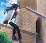  1girl ankle_boots bangle black_pants blue_eyes blue_footwear blue_hair blue_sky boots bracelet brick_wall casual contemporary day fire_emblem fire_emblem_awakening fire_emblem_heroes full_body jewelry light_smile long_hair lucina_(fire_emblem) messy_hair on_wall pants ponytail red_scarf scarf sitting sky sleeves_pushed_up solo tiara tusia twitter_username 
