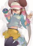  1girl black_eyes blue_footwear brown_hair double_bun drooling fingernails hair_between_eyes hair_bun hat holding long_hair mei_(pokemon) parted_lips pink_headwear pointy_ears pokemon raglan_sleeves saliva shoes skirt sneakers solo tears teeth tekito03 twintails yellow_skirt 