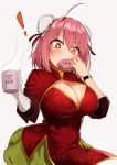  ! +_+ 1girl absurdres ahoge bandaged_arm bandages blush breasts bun_cover capelet chinese_clothes cleavage commentary_request cup double_bun doughnut eating floral_print food green_skirt greenkohgen highres holding holding_cup holding_food ibaraki_kasen large_breasts medium_hair pink_hair red_eyes ribbon-trimmed_skirt ribbon_trim simple_background skirt solo touhou white_background wristband 