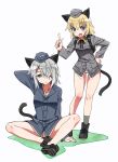  2girls animal_ears backpack bag bare_legs black_footwear blonde_hair blue_eyes boots brush cat_ears cat_tail commentary_request elfriede_schreiber full_body garrison_cap green_eyes grey_hair hair_over_one_eye hat helma_lennartz highres kogarashi51 long_hair long_sleeves military military_uniform multiple_girls neck_ribbon no_pants open_mouth panties ribbon sitting standing tail underwear uniform white_background white_panties world_witches_series 