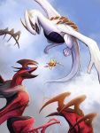  beedrill blue_sky claws cloud cloudy_sky commentary day english_commentary eye_contact flying gen_1_pokemon gen_2_pokemon gen_6_pokemon highres looking_at_another lugia no_humans outdoors pokemon size_difference sky tapwing yveltal 