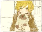  1boy amamiya_konatsu blonde_hair cat green_eyes holding holding_cat hood hoodie male_focus puma_tiger_scorpion simple_background yuri!!!_on_ice yuri_plisetsky 