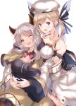  2girls absurdres bare_shoulders beret blonde_hair blue_eyes bow camieux commentary cucouroux_(granblue_fantasy) detached_sleeves draph granblue_fantasy green_eyes grey_hair hair_ribbon hat highres horns hug hug_from_behind looking_at_viewer multiple_girls one_eye_closed open_mouth ribbon short_twintails siblings simple_background sisters smile twintails ukiwakisen wide_sleeves 