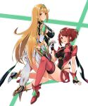  2girls bangs bare_shoulders blonde_hair breasts covered_navel earrings elbow_gloves fingerless_gloves gem gloves headpiece highres hikari_(xenoblade_2) holding_hands homura_(xenoblade_2) jewelry large_breasts long_hair looking_at_viewer mokki multiple_girls open_mouth red_eyes red_hair red_shorts short_hair short_shorts shorts shoulder_armor sideboob swept_bangs thigh_strap thighhighs tiara user_endv5287 very_long_hair xenoblade_(series) xenoblade_2 yellow_eyes 