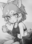  1girl ahoge animal_ears breasts cup dog_(mixed_breed)_(kemono_friends) dog_ears dog_tail drinking_straw eyebrows_visible_through_hair greyscale holding holding_cup jacket kemono_friends large_breasts looking_at_viewer monochrome multicolored_hair navel nyifu parted_lips short_hair solo sports_bra sweat tail track_jacket 