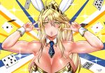  1girl ahoge animal_ears armpits artoria_pendragon_(all) artoria_pendragon_(swimsuit_ruler)_(fate) bangs bare_shoulders blonde_hair blue_background blue_neckwear blush breasts bunny_ears bunny_girl bunnysuit card cleavage cloire_clover detached_collar double_v emotional_engine_-_full_drive fate/grand_order fate_(series) green_eyes hair_between_eyes hands_up heart heart-shaped_pupils highres large_breasts leotard long_hair looking_at_viewer necktie open_mouth parody playing_card ponytail sidelocks solo sparkle striped striped_background sweat symbol-shaped_pupils tiara two-tone_background v white_leotard wrist_cuffs yellow_background 