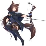  1girl absurdres animal_ear_fluff animal_ears arrow bangs belt belt_buckle black_cloak black_footwear black_gloves black_shorts blush boots bow_(weapon) brown_hair brown_legwear buckle cloak compound_bow eyebrows_visible_through_hair full_body gloves grey_belt grey_sweater hair_between_eyes highres holding holding_bow_(weapon) holding_weapon knee_boots long_hair looking_away looking_to_the_side open_mouth original outstretched_arm partly_fingerless_gloves ponta_(velmar) quiver red_eyes ribbed_sweater short_shorts shorts simple_background solo sweater tail thighhighs thighhighs_under_boots turtleneck turtleneck_sweater v-shaped_eyebrows very_long_hair weapon white_background 