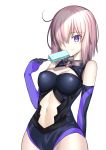  1girl besmiled breasts cleavage elbow_gloves fate/grand_order fate_(series) food gloves hair_over_one_eye highres holding holding_food ice_cream large_breasts looking_at_viewer mash_kyrielight navel_cutout popsicle purple_eyes purple_gloves purple_hair short_hair 