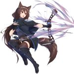  1girl absurdres animal_ear_fluff animal_ears arrow bangs belt belt_buckle black_cloak black_footwear black_gloves black_shorts blush boots bow_(weapon) brown_hair brown_legwear buckle cloak compound_bow eyebrows_visible_through_hair full_body gloves grey_belt grey_sweater hair_between_eyes highres holding holding_bow_(weapon) holding_weapon knee_boots long_hair looking_away looking_to_the_side open_mouth original outstretched_arm partly_fingerless_gloves ponta_(velmar) quiver red_eyes ribbed_sweater short_shorts shorts simple_background solo sweater tail thighhighs thighhighs_under_boots turtleneck turtleneck_sweater v-shaped_eyebrows very_long_hair weapon white_background 