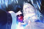  1girl 1other bare_shoulders blue_eyes blurry bow crown crystal dress fajyobore323 frills fur_trim heart holding icicle long_hair original pale_skin parted_lips sparkle standing white_bow white_dress white_hair 