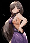  1girl backless_dress backless_outfit bra_strap breasts closed_eyes dress earrings eyebrows eyebrows_visible_through_hair eyes_visible_through_hair final_fantasy final_fantasy_vii final_fantasy_vii_remake hands_on_hips highres jewelry large_breasts long_hair majocc_(dusty051) purple_dress sideboob solo sparkle tifa_lockhart 