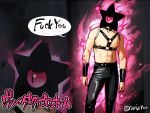 aura black_pants bondage_outfit collar contrapposto cyclops dark_nebula english_text furrowed_eyebrows fusion gachimuchi kirby_(series) kirby_squeak_squad leather leather_pants o-ring one-eyed pants pink_eyes profanity rariatto_(ganguri) skin_tight slit_pupils spiked_collar spikes standing translated twitter_username van_darkholme 