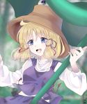  1girl blonde_hair blue_eyes commentary commentary_request hair_ribbon holding holding_leaf holding_umbrella leaf leaf_umbrella moriya_suwako purple_skirt purple_vest red_ribbon ribbon rin-rin- skirt sleeves_past_wrists touhou umbrella vest 