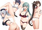  4girls aqua_hair arms_behind_back ass bangs beret bikini black_bra black_panties blush bra breasts brown_hair brown_legwear cleavage closed_mouth cropped_legs crossed_legs eyebrows_visible_through_hair eyepatch hair_ornament hairclip hand_on_own_chest hat headgear highres kantai_collection kashima_(kantai_collection) large_breasts long_hair mizuki_eiru_(akagi_kurage) multiple_girls open_mouth panties ponytail purple_bra purple_hair purple_panties short_hair sidelocks silver_hair suzuya_(kantai_collection) swimsuit tenryuu_(kantai_collection) thighhighs twintails underwear yamato_(kantai_collection) 